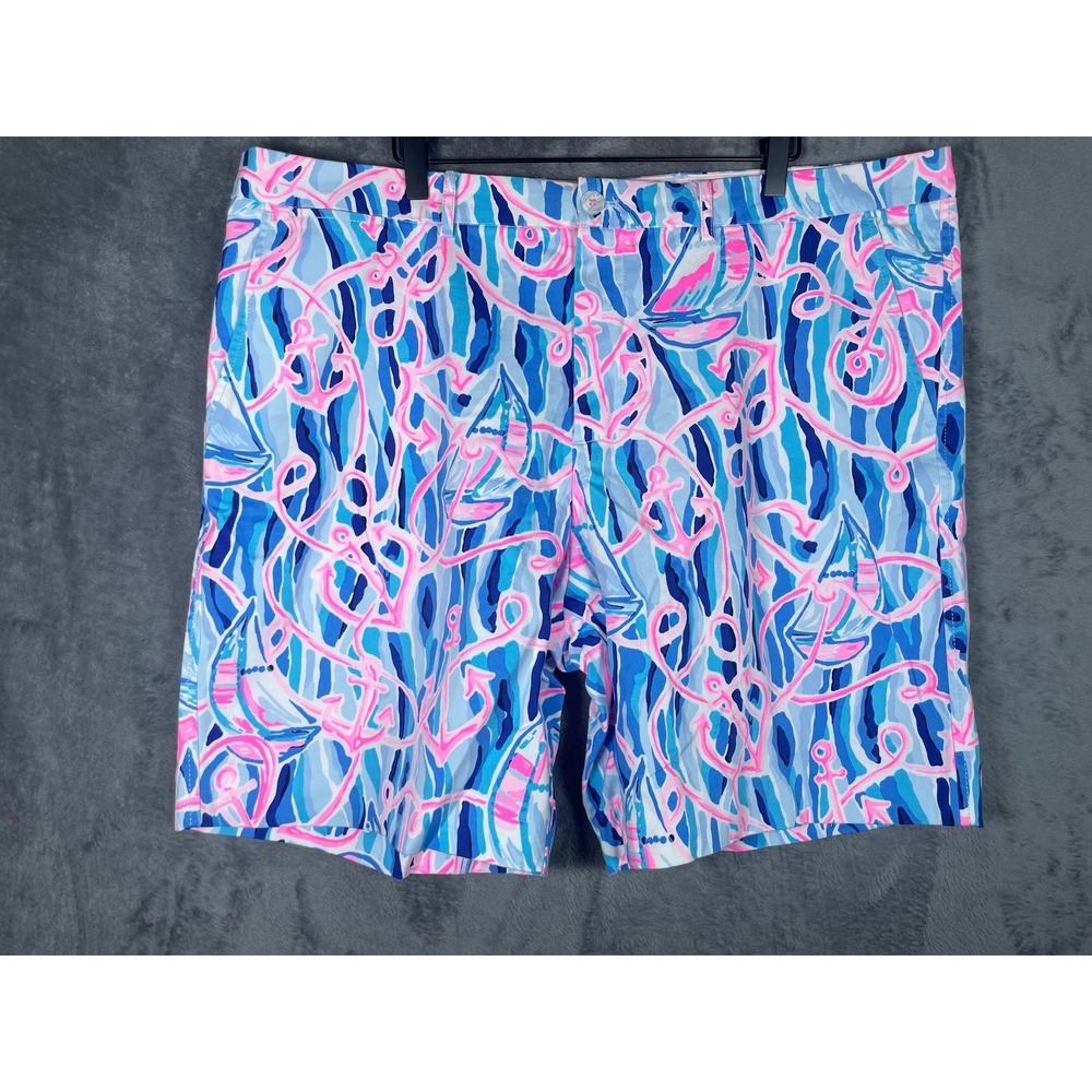 Lilly Pulitzer Beaumont Mens Shorts 42 Blue Pink Sailboat Anchor Nautical Print